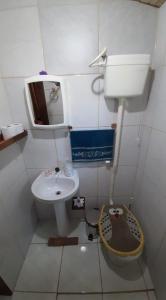 a small bathroom with a sink and a toilet at Ranchinho da Serra chalé in Bom Jardim da Serra