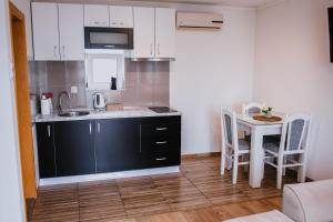 uma pequena cozinha com um lavatório e uma mesa em Studio Apartment Dzungla em Doboj