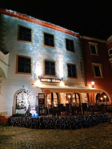 un edificio con un árbol de Navidad delante de él en Hotel Grand, en Český Krumlov