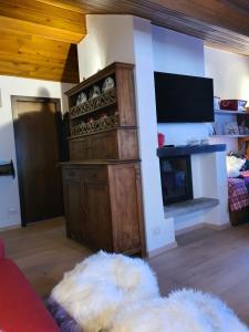 ein Wohnzimmer mit einem TV und einem Kamin in der Unterkunft DELIZIOSA MANSARDA in Madonna di Campiglio