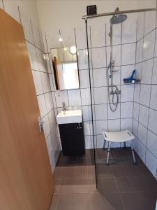 La salle de bains est pourvue d'une douche, d'un lavabo et de toilettes. dans l'établissement ’t Appelke - Hof van Libeek in het heuvelland, à Sint Geertruid