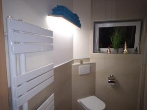 a white bathroom with a toilet and a window at Moderne Ferienwohnung bis 4 Personen in Ronneburg