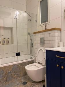 a bathroom with a toilet and a shower and a sink at מעבר לאופק in Yeroẖam