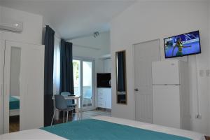 1 dormitorio con 1 cama y TV en la pared en Tropical Casa Laguna en Cabarete