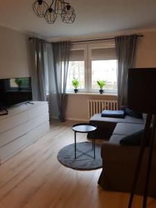 salon z kanapą, telewizorem i stołem w obiekcie Apartament Monika w Kłodzku