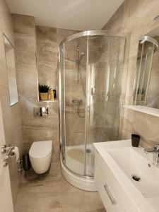 a bathroom with a shower and a toilet and a sink at Sebenico Luxury Rooms in Šibenik