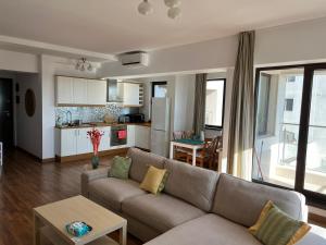 a living room with a couch and a kitchen at Green Pipera 1 in Voluntari