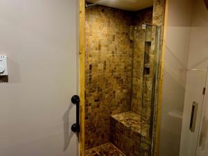 baño con ducha y puerta de cristal en Blue Lagoon Resort, en Lake George