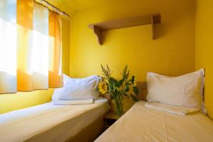Hotel Plutitor Kingfisher في Uzlina: سريرين في غرفة صفراء مع إناء من الزهور