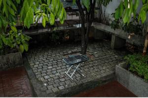 uma cadeira sentada no chão ao lado de uma árvore em Square Villa Residency Luxury 1 Bed Room Villa with Private Pool em Mukkam