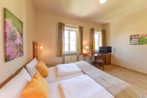 a hotel room with a bed and a desk at Boardinghouse Pfarrkirchen in Pfarrkirchen