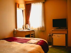 Habitación de hotel con cama, escritorio y TV. en Hachinohe Plaza Hotel en Hachinohe