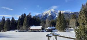 eine Lodge im Schnee mit einem Berg im Hintergrund in der Unterkunft Zirbenhütte in Hohentauern