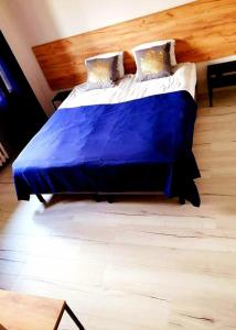 um quarto com uma cama com um cobertor azul em VISTULA two-bedroom Apartment em Plock