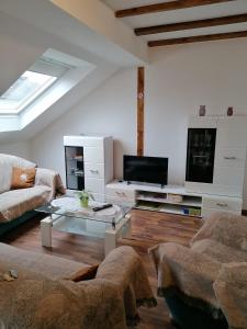 ein Wohnzimmer mit einem Sofa und einem Flachbild-TV in der Unterkunft Appartement Krefeld-City in Krefeld