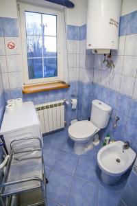 DadajにあるApartament DADAJの青いタイル張りのバスルーム(トイレ、シンク付)
