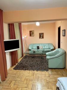 a living room with a green couch and a television at Venis House in Plovdiv