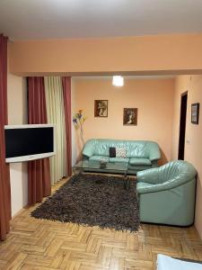 un soggiorno con divano verde e TV a schermo piatto di Venis House a Plovdiv
