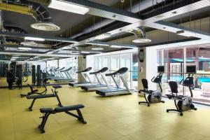 a gym with rows of exercise bikes and treadmills at Radisson Blu Hotel, Riyadh in Riyadh