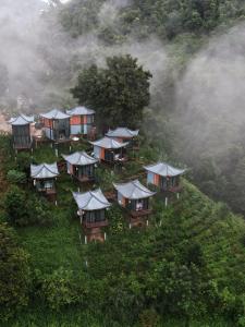 een luchtfoto van een groep hutten op een heuvel bij Twins Farm Resort in Mae Salong