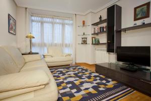 Apartamento de La Casona de Riomera في أوفِييذو: غرفة معيشة مع أريكة بيضاء وتلفزيون بشاشة مسطحة