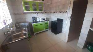 a small kitchen with green cabinets and a sink at Halina's Apartment in Lusaka