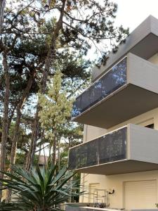 una casa con ventanas grandes en un lateral en Appartamenti Vacanza Albatros, en Lignano Sabbiadoro