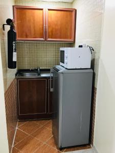 una cucina con lavello e forno a microonde in cima a un frigorifero di Safari Hotel Apartments ad Ajman