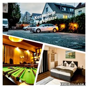 a collage of two pictures of a house with a pool table at Parkhotel Lindenhof - KOSTENLOSE PARKPLÄTZE in Offenbach