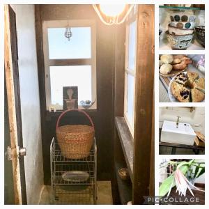 a collage of photos of a kitchen with a door and a basket at Travelers House おーさんてぃん青空舎 in Taketomi