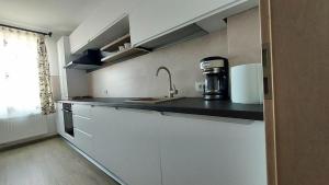 eine Küche mit einer Spüle und einer Kaffeemaschine auf der Theke in der Unterkunft Condmari VIP in Braşov