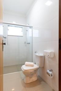 La salle de bains est pourvue de toilettes et d'une douche en verre. dans l'établissement VILLA NOMAD HOTEL, à Uberaba