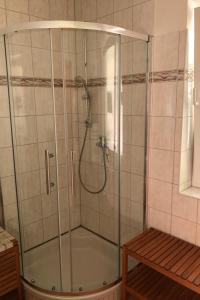 a shower with a glass door in a bathroom at Ferienhaus am Plauer See - a55880 in Lenz