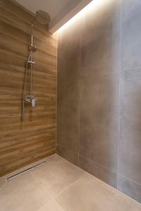 a shower in a bathroom with wooden walls at Alboro seaside suites in Parga
