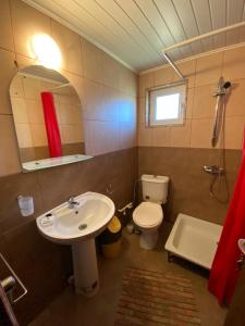 un bagno con lavandino, WC e specchio di Casa Gramy a Neagra Şarului Altre 39 foto