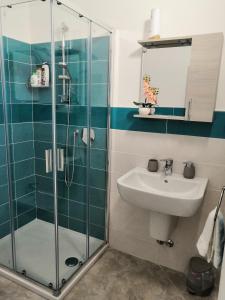 a bathroom with a glass shower and a sink at Casa Sabina in Intra