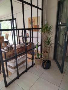 a room with potted plants on the floor at HomeSweetHome Farm Cottage in Nelspruit