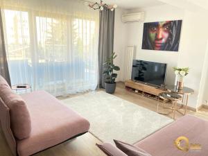 a living room with a couch and a flat screen tv at Quibio Apart Terrace in Braşov