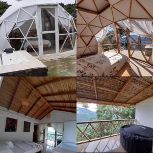 a collage of four pictures of a luxury tent at hotel y restaurante mirador aires de la sierra, minca in Minca