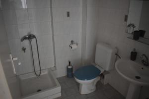 a bathroom with a toilet and a tub and a sink at Niki Apartments in Polykhrono