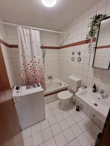 a bathroom with a toilet and a tub and a sink at Lifestyle-Appartment near BASF in Ludwigshafen in Ludwigshafen am Rhein