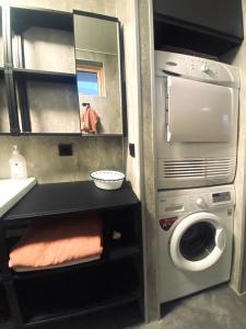 een badkamer met een wasmachine en een spiegel bij Cosy Harbour Apartment in Reykjavík