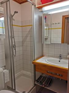 uma casa de banho com um lavatório e um chuveiro em Saint-Gervais-les-Bains, Appartement 4 personnes em Saint-Gervais-les-Bains