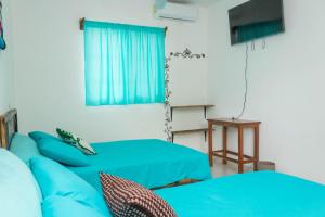 Habitación con 2 camas azules y TV. en Hotel Henry Bacalar en Bacalar