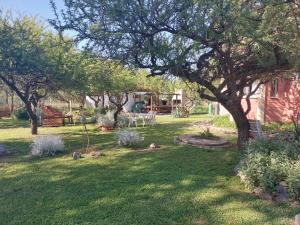 un patio con árboles, una mesa y una casa en Posada Tinktinkie en Santa Rosa de Calamuchita