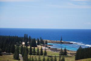 Blick auf einen Strand mit Bäumen und das Meer in der Unterkunft Coast Norfolk Island in Burnt Pine