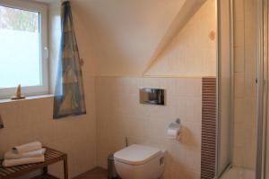a bathroom with a toilet and a shower at Dwarslöper in Am Schwarzen Busch +10 photos