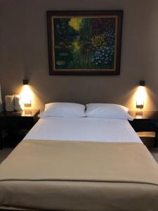 Hostel Inn في سان ميغيل دي الليندي: غرفة نوم بسرير ابيض كبير ومصباحين