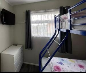 a bedroom with two bunk beds and a window at Chalet hemsby in Great Yarmouth