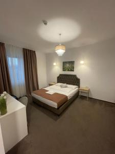 a bedroom with a large bed and a chandelier at COCHET BOUTIQUE in Târgu Jiu